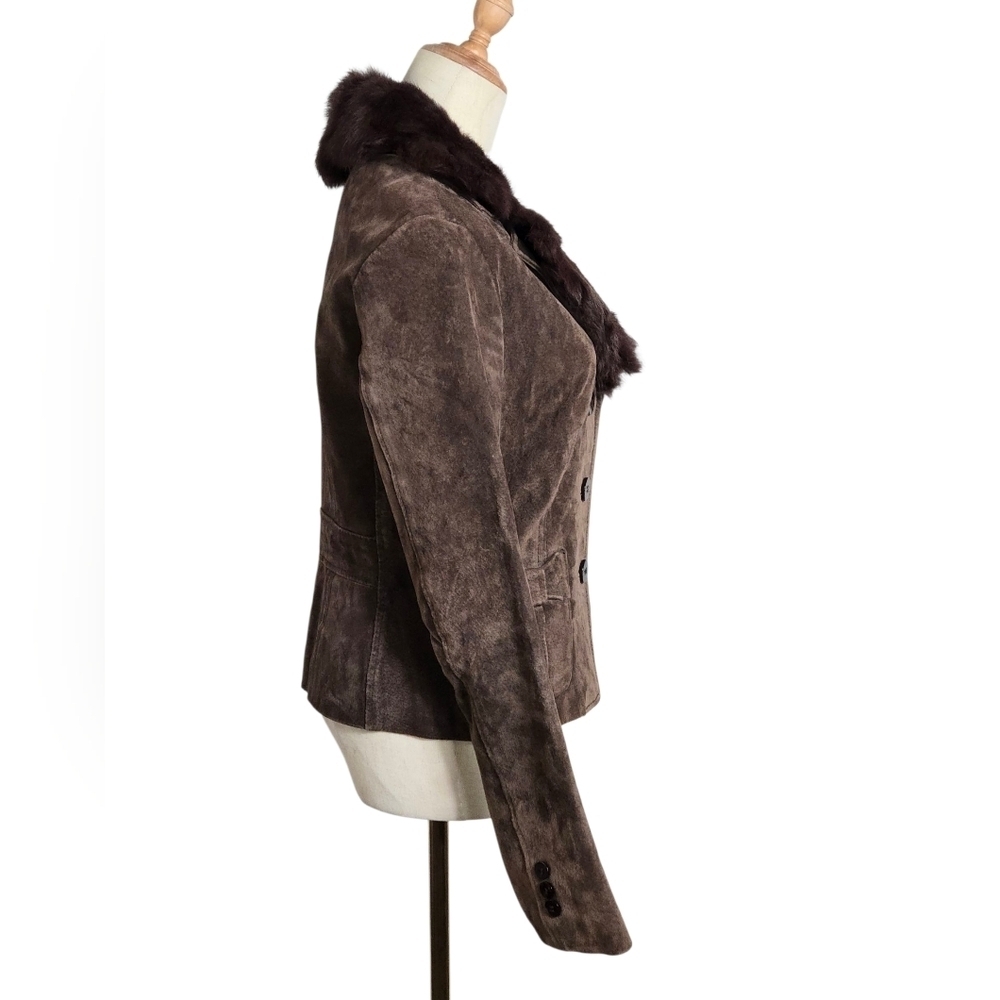 XOXO Vintage 90s Brown Suede Blazer with Rabbit Fur Collar - Picture 3 of 9